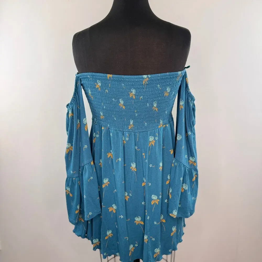 FREE PEOPLE Lana Teal Tunic Top Floral Smocked Off Shoulder Bell Sleeve Sz Large